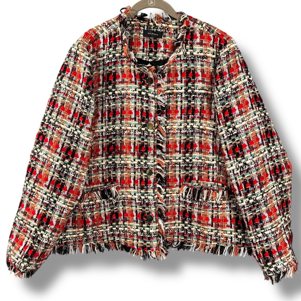 Halogen Tweed Fringe Jacket Multi-Color Red Black Blue 4 Button XXL/1X